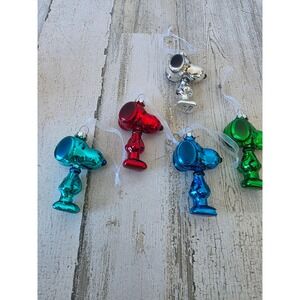 Hallmark glass Snoopy ornament metallic red blue‎ green silver Xmas tree